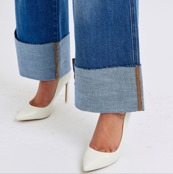 Judy Blue High-Rise Torn Boyfriend Jeans Ultra Wide Leg Cuff Raw Hem Denim Pants - Picture 9 of 16